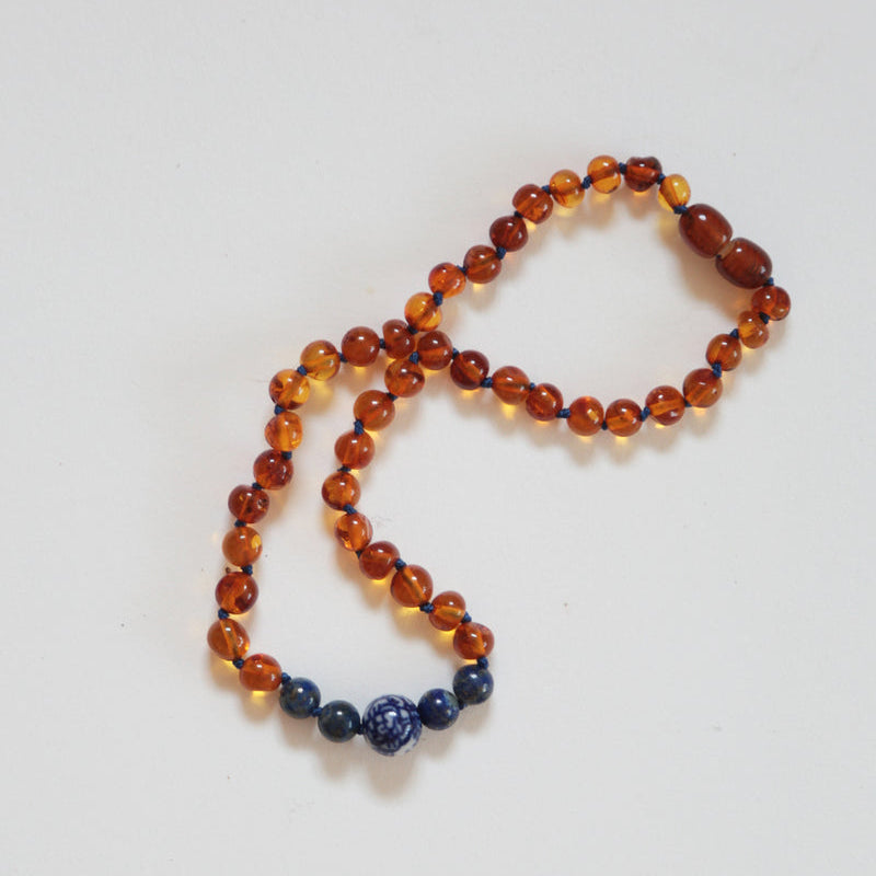 Floral Bead Lapus Lazuli and Amber Necklace